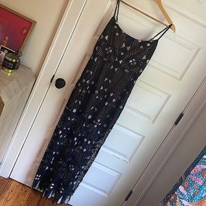Floor-length BCBG dress with engineered lace overlay